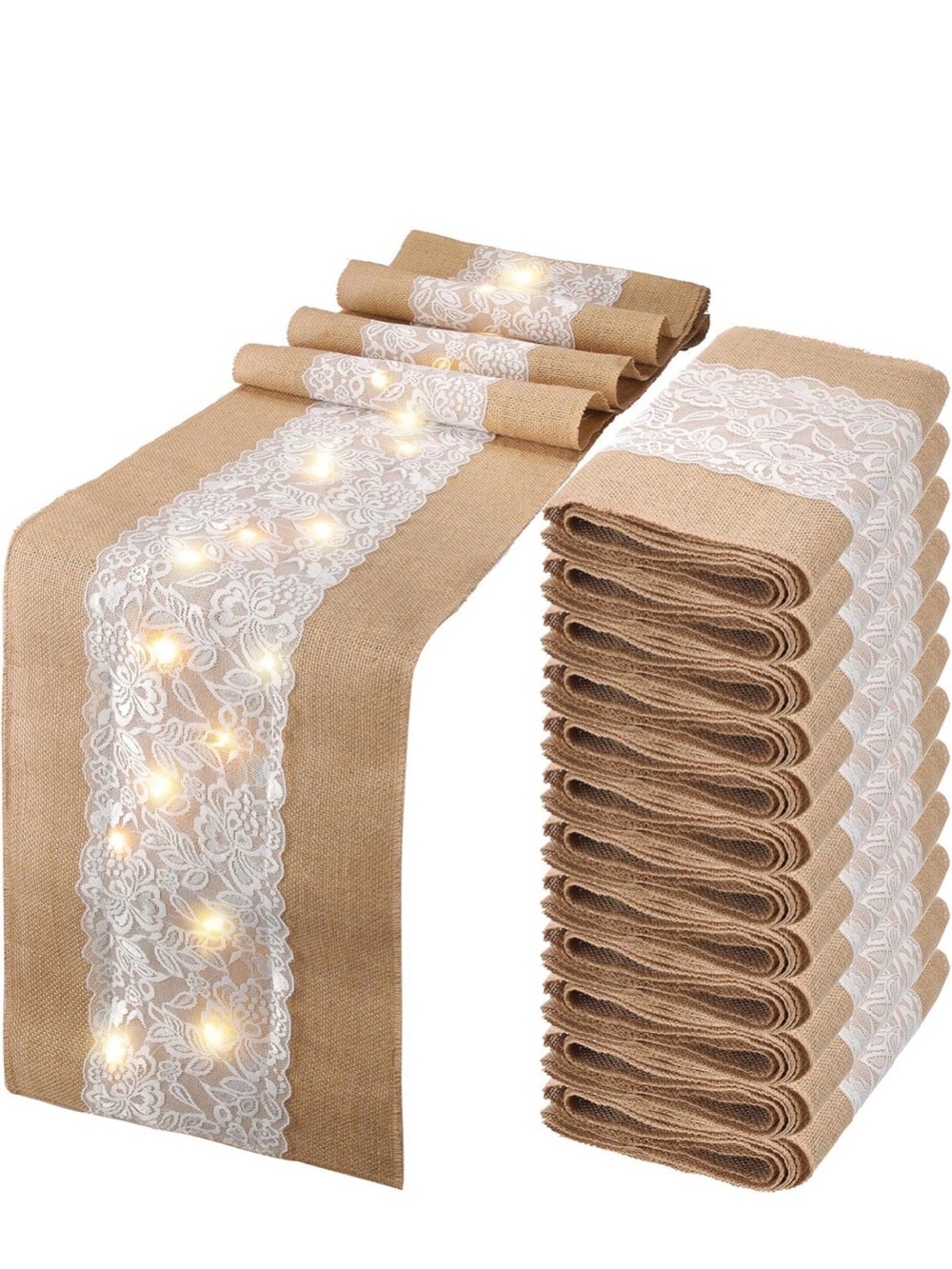 10-pcs Burlap Table Runners with Lights Lace, 12 x 108 in, Floral